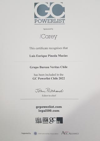 Reconocimiento otorgado a Luis Pineda Legal & Compliance Manager BV CHILE